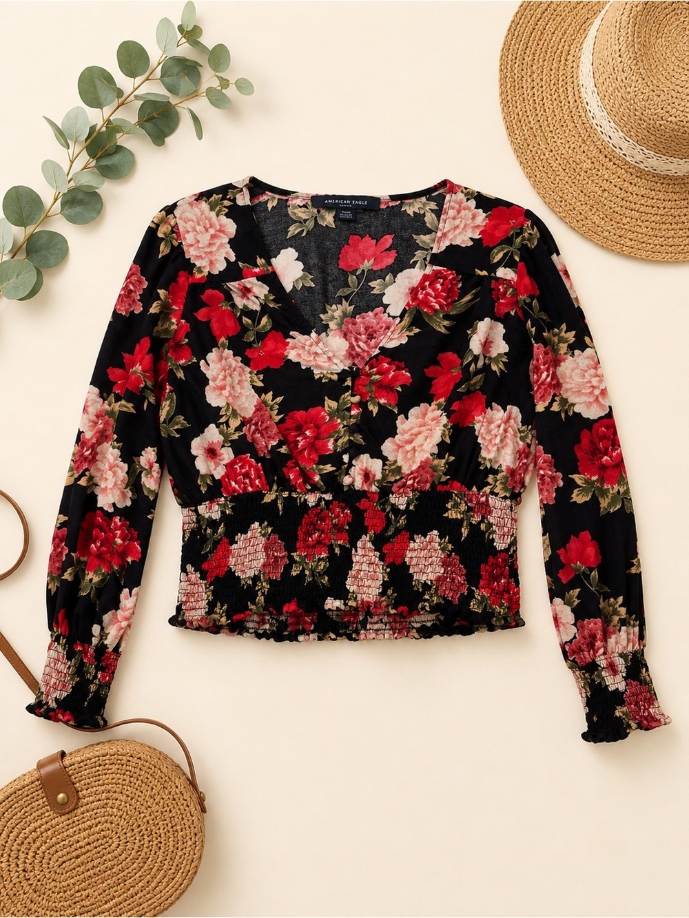 American Eagle Black Floral Smocked Long Sleeve Crop Top Small Boho Cottagecore
